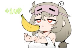  1up ahoge bad_id bad_twitter_id banana bare_shoulders breasts bright_pupils commentary_request eye_mask female food fruit grey_hair huge_breasts korean_commentary long_hair low-tied_long_hair lowres mask mask_on_head off_shoulder original red_eyes saru_(monkey_magic3) shirt simple_background solo swirl t-shirt twintails upper_body white_background white_pupils white_shirt 