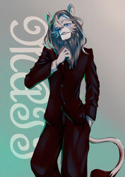  2020 annoyed anthro blue_eyes bottomwear cheek_tuft clothed clothing digital_media_(artwork) digital_painting_(artwork) ero-bee facial_tuft felid fully_clothed fur gradient_background hand_in_pocket hi_res inner_ear_fluff lion male mammal mane matt_(scratch21) narrowed_eyes pantherine pockets raised_arm scratch21 simple_background solo standing tail tail_tuft text topwear tuft 