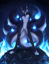  anthro arm_tuft artist_name big_tail biped black_body black_ears black_fur black_hair black_nose black_tail blue_claws blue_eyes blue_pawpads canid cheek_tuft chest_tuft claws clear_sky clockhands digitigrade elemental_manipulation facial_markings facial_tuft featureless_crotch fire fire_manipulation front_view fur glistening glistening_nose glistening_pawpads glowing glowing_claws grey_inner_ear hair head_markings hi_res inner_ear_fluff looking_at_viewer magic_user male mammal markings multicolored_tail night nude outside pawpads short_hair shoulder_tuft sky solo standing star tail tsukiko tuft white_body white_fur white_inner_ear_fluff white_tail 