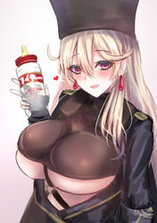  absurdres blonde_hair blush breasts commentary_request earrings female fur_hat girls&#039;_frontline hair_between_eyes hat highres jewelry large_breasts long_hair looking_at_viewer martinreaction mole mole_under_eye open_mouth papakha ptrd_(girls&#039;_frontline) purple_eyes simple_background solo turtleneck 