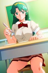  chair classroom desk feet_out_of_frame female green_eyes green_hair hairband indoors long_hair miniskirt non-web_source on_chair open_mouth panties pantyshot pleated_skirt red_skirt school_chair school_desk school_uniform shoko_(super_real_mahjong) skirt solo striped_clothes striped_skirt super_real_mahjong tanaka_ryou underwear yellow_panties 