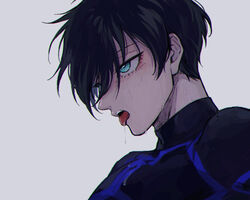  1boy aqua_eyes black_hair blue_eyes blue_lock commentary_request drooling eyelashes eyeshadow from_side hair_over_one_eye himishiro itoshi_rin long_sleeves looking_away makeup male_focus portrait profile saliva short_hair simple_background skin_tight solo sweat tongue tongue_out white_background 