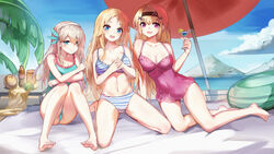  3girls absurdres alternate_costume barefoot beach beach_towel beach_umbrella bikini blonde_hair blue_bikini blue_eyes blue_one-piece_swimsuit blue_sky breasts brown_hairband casual_one-piece_swimsuit chinese_commentary commentary_request constellation_(warship_girls_r) covered_navel cup day drinking_glass hair_ornament hairband hairclip highres holding holding_cup large_breasts lexington_(cv-16)_(warship_girls_r) long_hair multiple_girls navel ocean one-piece_swimsuit outdoors pink_one-piece_swimsuit purple_eyes saratoga_(warship_girls_r) ship sitting sky smile striped_bikini striped_clothes swimsuit towel umbrella warship_girls_r watercraft white_hairband x_hair_ornament ze_(wzfnn001) 