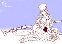  absurdres anti-materiel_rifle blush bolt_action breasts character_doll cleavage dated dp28_(girls&#039;_frontline) earrings female fishnet_pantyhose fishnets fur_hat girls&#039;_frontline gloves gun hat highres jewelry large_breasts licking licking_finger long_hair looking_at_viewer monochrome no_shoes pantyhose papakha ptrd-41 ptrd_(girls&#039;_frontline) purple_background red_eyes rifle simple_background sniper_rifle solo spot_color tongue tongue_out turtleneck weapon z.s.w. 