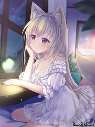  animal_ears arm_support blonde_hair female hand_on_own_face indoors lamp long_hair nightgown official_art pandora_party_project red_eyes sitting smile tail tougo wariza window 