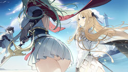  3girls ass azur_lane black_gloves black_hair blonde_hair blue_eyes cloud dress elbow_gloves frills gloves green_hair hair_ribbon highres holding holding_sword holding_weapon jervis_(azur_lane) kurumi_(recycllamo) lighthouse loading_screen long_hair long_sleeves multiple_girls official_art outdoors pantyhose pleated_skirt revenge_(azur_lane) ribbon rock short_hair skirt sky sword vanguard_(azur_lane) water weapon white_dress white_pantyhose 