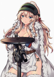  ahoge belt blonde_hair blue_eyes braid breasts brown_belt cleavage cosplay covered_eyes dp-27 dp28_(girls&#039;_frontline) female fur_collar fur_trim girls&#039;_frontline gun hair_ribbon hand_on_weapon helmet helmet_over_eyes large_breasts long_hair looking_at_viewer machine_gun persocon93 photoshop_(medium) rainbow_six_siege red_ribbon ribbon side_braid solo tachanka_(rainbow_six_siege) tachanka_(rainbow_six_siege)_(cosplay) weapon white_background 