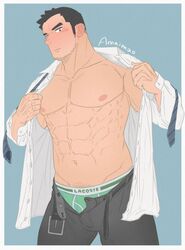  1boy abs amaimao bara bare_pectorals beard_stubble belt blush bulge collarbone ear_blush facial_hair feet_out_of_frame full-face_blush green_male_underwear grey_pants highres large_pectorals male_focus male_underwear male_underwear_peek mature_male muscular muscular_male navel necktie nipples open_belt open_clothes open_fly open_shirt original pants pectorals pubic_hair pubic_hair_peek salaryman short_hair shy solo standing stubble superman_exposure thighs underwear undone_necktie 