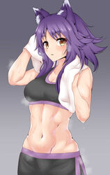  abs absurdres alternate_costume animal_ear_fluff animal_ears black_sports_bra blush breasts chakuro96 commentary_request female highres long_hair looking_at_viewer makoto_(princess_connect!) medium_breasts navel open_mouth princess_connect! sidelocks solo sports_bra steam sweat towel towel_around_neck wolf_ears wolf_girl yellow_eyes 