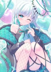  black_coat blush coat earrings female fishnet_thighhighs fishnets green_eyes green_hair halo highres holding in-ear_earphones indie_virtual_youtuber jewelry kohane_puchi long_sleeves looking_at_viewer mikaze_oto mole mole_under_eye one_eye_closed open_clothes open_coat single_thighhigh sitting solo thighhighs thighs virtual_youtuber white_hair 