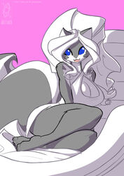  2021 anthro big_breasts blue_eyes breasts chloe_sinclaire cleavage clothed clothing conditional_dnp dress female fur grey_body grey_fur hair jollyjack looking_at_viewer mammal mephitid sitting skunk smile solo white_body white_clothing white_dress white_fur white_hair 