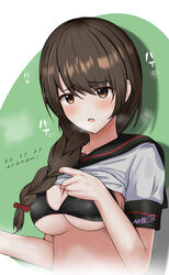  abataa absurdres black_bra bra braid breasts brown_eyes brown_hair clothes_lift female highres kantai_collection large_breasts lifting_own_clothes long_hair school_uniform serafuku shirt_lift short_sleeves single_braid solo underwear upper_body uranami_(kancolle) uranami_kai_ni_(kancolle) 