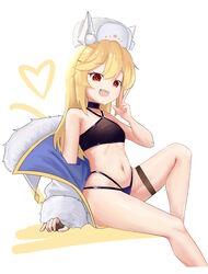  :d absurdres animal_ears bikini black_bikini black_choker blonde_hair breasts brown_gloves chinese_commentary choker collarbone commentary fake_animal_ears fangs female fingerless_gloves fur_hat girls&#039;_frontline gloves hair_between_eyes hat highres jacket long_hair looking_at_viewer nagant_revolver_(girls&#039;_frontline) nagant_revolver_(mod3)_(girls&#039;_frontline) navel open_mouth petite red_eyes shenqi_xiaohuang simple_background single_glove sitting small_breasts smile solo swimsuit thigh_strap ushanka w white_background white_jacket 