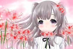  black_ribbon blush closed_mouth commentary_request female flower grey_hair hair_flower hair_ornament idolmaster idolmaster_shiny_colors long_hair neck_ribbon neko_danshaku purple_eyes red_flower ribbon shirt smile solo spider_lily two_side_up upper_body white_shirt yukoku_kiriko 