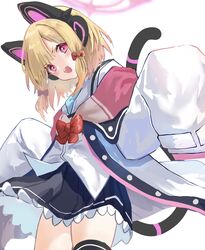  animal_ear_headphones animal_ears blonde_hair blue_archive blush cat_ear_headphones cat_ears fake_animal_ears female hair_ribbon halo headphones highres jacket long_sleeves looking_at_viewer momoi_(blue_archive) open_mouth oversized_clothes pink_eyes ribbon ruwo_benzen school_uniform short_hair simple_background sleeves_past_fingers sleeves_past_wrists solo thighhighs white_background 