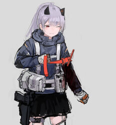  belt belt_pouch black_skirt blood blood_on_arm clenched_teeth cowboy_shot female girls&#039;_frontline gloves grey_background grey_hair grey_hoodie gun handgun headgear highres hk33_(girls&#039;_frontline) holstered hood hoodie injury load_bearing_vest long_hair long_sleeves one_eye_closed ponytail pouch rampart1028 red_eyes simple_background skirt solo tearing_up teeth tourniquet weapon white_gloves wince 