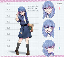  black_legwear blue_eyes blue_hair braid character_profile commentary_request expressions female flat_chest full_body glasses hair_over_shoulder kneehighs loafers long_hair mole mole_under_eye multiple_views nakama_yasukata necktie original over-rim_eyewear purple-framed_eyewear semi-rimless_eyewear shoes skirt socks twin_braids 