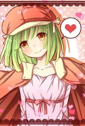  bakemonogatari cabbie_hat commentary_request female green_hair hat heart highres monogatari_(series) orange_eyes sengoku_nadeko short_hair smile solo spoken_heart sunao 