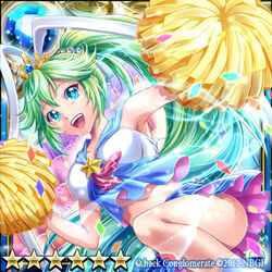  .hack// :d aika_(guilty_dragon) alternate_hairstyle bare_legs blue_eyes blue_sailor_collar blue_skirt brooch cheerleader commentary_request confetti crop_top crown female green_hair guilty_dragon high_ponytail jewelry kazura_enji long_hair looking_at_viewer midriff open_mouth pom_pom_(cheerleading) ponytail sailor_collar skirt smile solo star_(symbol) 