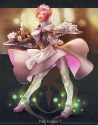  apron bottle commentary_request creamer_(vessel) female full_body high_heels lips lipstick maid maid_headdress makeup nakama_yasukata pantyhose pink_hair pixiv_fantasia pixiv_fantasia_t solo tea_set tray waist_apron wine_bottle 