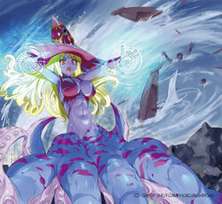  blonde_hair blue_skin boat breasts brown_hair colored_skin commentary_request curly_hair female hat kusaka_souji large_breasts long_hair maelstorm monster_collection monster_girl navel official_art open_mouth outstretched_arms outstretched_hand partially_submerged rock solo teeth tentacle watercraft whirlpool witch_hat 