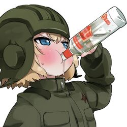  :t alcohol blonde_hair blue_eyes blush bottle chugging commentary drinking female girls_und_panzer harepore helmet holding holding_bottle jacket katyusha_(girls_und_panzer) katyusha_chug_(meme) long_sleeves meme military military_jacket military_uniform russia short_hair simple_background smirnoff_(vodka) solo sweatdrop tank_helmet uniform vodka white_background 