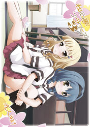  2girls bare_legs bed blonde_hair blue_hair brown_eyes commentary_request dress furutani_himawari goyacchi hair_ornament hairband hairclip long_hair multiple_girls nanamori_school_uniform oomuro_sakurako panties photoshop_(medium) sailor_dress school_uniform serafuku tissue tissue_box underwear white_panties yellow_eyes yuru_yuri 