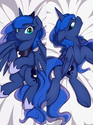  2015 alicorn blue_body blue_feathers cutie_mark dakimakura dakimakura_design equid equine feathered_wings feathers female feral friendship_is_magic hair hasbro hooves horn long_hair looking_at_viewer looking_back lying mammal multiple_poses my_little_pony mythological_creature mythological_equine mythology on_back on_front pose princess_luna_(mlp) smile solo theparagon underhoof wings 