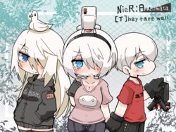  1boy 2b_(nier:automata) 2girls 9s_(nier:automata) a2_(nier:automata) alternate_costume bad_id bad_pixiv_id blush breasts casual character_name choker cleavage commentary_request copyright_name english_text gloves hair_over_one_eye hands_in_pockets holding_hands hood hoodie large_breasts long_hair looking_at_viewer mole mole_under_mouth multiple_girls nier:automata nier_(series) no_blindfold odabuts short_hair shorts smile thighhighs white_hair 