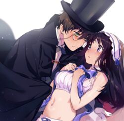  1boy black_hair blush bow breasts brown_hair cape chitanda_eru commentary cosplay detective female green_eyes hairband hyouka kimi_ni_matsuwaru_mystery lolita_hairband long_hair looking_at_another madoromi_no_yakusoku medium_breasts mery_(yangmalgage) monocle navel oreki_houtarou purple_eyes short_hair straight symbol-only_commentary 