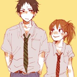  1boy akaashi_keiji bad_id bad_pixiv_id brown_hair female freckles haikyuu!! natsu_(rubashka07) necktie ponytail school_uniform short_hair straight suzumeda_kaori yellow_background 