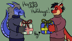  2015 5_fingers anthro beatboxgal black_hair black_nose blue_body blue_skin christmas claws dragon duo english_text felix_reverie fingers fur furred_dragon furred_scalie gift grey_body grey_hair grey_skin hair holding_gift holding_object holiday_message holidays horn hybrid looking_at_another lutra_draconis male mammal mustelid mythological_creature mythological_scalie mythology otter raised_tail red_body red_fur ribbons scales scalie short_hair simple_background standing tail text whiskers zragon 