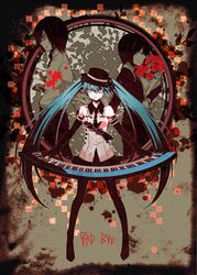  aqua_hair back-to-back badbye_(vocaloid) bouquet commentary_request elbow_gloves female flower gloves hat hatsune_miku instrument keyboard_(instrument) long_hair looking_at_viewer necktie pantyhose rose solo twintails very_long_hair vocaloid yosakuh 