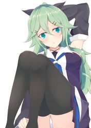  :&lt; arm_behind_head armpits black_ribbon black_serafuku black_skirt black_thighhighs blue_neckerchief breasts commentary_request day_mello detached_sleeves female green_eyes green_hair hair_between_eyes hair_ornament hair_ribbon hairclip kantai_collection long_hair medium_breasts neckerchief panties parted_bangs pleated_skirt ponytail ribbon school_uniform serafuku sidelocks skirt solo thighhighs underwear white_panties yamakaze_(kancolle) 