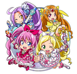  4girls :d ;d bad_id bad_pixiv_id blonde_hair blue_choker blue_eyes boots bow brooch choker circlet commentary_request cure_beat cure_melody cure_muse_(yellow) cure_rhythm curly_hair earrings fantastic_belltier frilled_skirt frills full_body green_eyes hair_ornament hairband hairbow heart heart_earrings heart_hair_ornament high_ponytail holding_hands houjou_hibiki interlocked_fingers jewelry knee_boots kurokawa_eren kurose_kousuke long_hair love_guitar_rod magical_girl minamino_kanade miracle_belltier multiple_girls no_nose one_eye_closed open_mouth orange_hair parted_bangs pink_bow pink_eyes pink_footwear pink_hair pink_legwear pink_wrist_cuffs ponytail precure purple_hair seiren_(suite_precure) shirabe_ako shoes skirt smile suite_precure thighhighs twintails wand white_bow white_footwear wrist_cuffs yellow_eyes yellow_footwear 