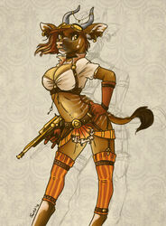  2016 5_fingers alternative_fashion antelope anthro big_breasts bongo_(antelope) bovid bovine breasts caribou_(artist) cleavage clothed clothing curved_horn ear_piercing female fingers gun holding_gun holding_object holding_ranged_weapon holding_weapon horn inknose mammal navel piercing ranged_weapon solo spiral-horned_antelope standing steampunk weapon wide_hips 