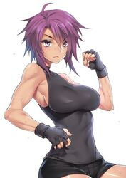  breasts commentary_request female fingerless_gloves fuya_(tempupupu) gloves halterneck koukaku_no_regios large_breasts naruki_gerni purple_hair short_hair short_shorts shorts solo sweat toned 