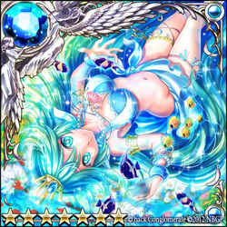  .hack// aika_(guilty_dragon) armlet bead_necklace beads bikini blue_bikini blue_eyes blue_hair blue_sarong blue_theme bracelet closed_mouth commentary_request crown female fish green_hair guilty_dragon jewelry kazura_enji long_hair looking_at_viewer multicolored_hair necklace sarong seashell shell smile solo star-shaped_pupils star_(symbol) swimsuit symbol-shaped_pupils thighlet upside-down 