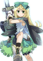  akatoro_(nightlord) atelier_(series) atelier_shallie blonde_hair bow capelet commentary_request expressionless female frills gloves green_eyes green_skirt hairbow long_hair miruca_crotze pile_bunker shirt shoes skirt sleeveless sleeveless_shirt solo white_background 