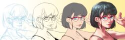  black_hair blue_eyes eyebrows face female glasses light_smile lips making_of nakama_yasukata original red-framed_glasses solo spaghetti_strap 