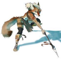  1:1 bottomwear canid canine canis clothed clothing coyote dynamic female loincloth mammal melee_weapon mila_(disambiguation) polearm pose reaganlodge skimpy solo spear stab warrior weapon 