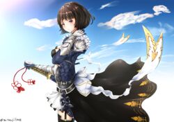  armor blue_sky brown_hair cloud commentary_request day female highres katana mitsuaji_lime outdoors shadowverse sheath sheathed short_hair sky solo standing sumeragi_erika_(shadowverse) sword twitter_username weapon 