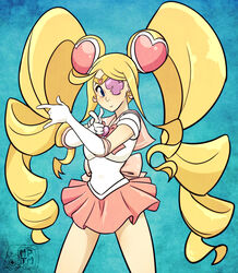  \m/ back_bow big_hair bishoujo_senshi_sailor_moon blonde_hair blue_eyes bow commentary_request commission cosplay crescent drill_hair earrings elbow_gloves eyepatch female gloves hairpods harime_nui heart jewelry kill_la_kill long_hair magical_girl my_pet_tentacle_monster parody pink_bow sailor_collar sailor_senshi_uniform skirt solo tsuki_ni_kawatte_oshioki_yo twin_drills unofficial_sailor_senshi_uniform very_long_hair white_gloves 