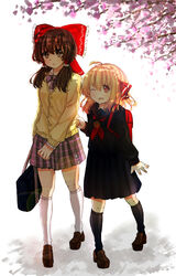  2girls :o adapted_costume alternate_costume bag black_serafuku bow brown_hair chilia012 clothes_grab clothes_tug commentary_request contemporary hair_ribbon hairbow hakurei_reimu highres loafers multiple_girls oerba_yun_fang one_eye_closed photoshop_(medium) pleated_skirt ribbon rumia school_bag school_uniform serafuku shoes short_hair skirt sweater sweater_tug tears touhou 