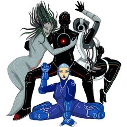  1:1 artificial_intelligence crouching female glados group hal_9000 humanoid leaning looking_at_viewer machine male mercury_(tron) not_furry portal_(series) rileyomalley robot shodan simple_background sitting standing system_shock valve white_background 