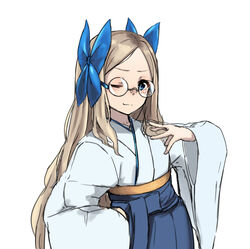  ;) asakaze_(kancolle) bespectacled blue_bow blue_eyes blush bow commentary_request female glasses hairbow japanese_clothes kantai_collection kimono light_brown_hair long_hair long_sleeves meiji_schoolgirl_uniform obi okamen one_eye_closed photoshop_(medium) round_eyewear sash simple_background smile solo swept_bangs upper_body white_background wide_sleeves 