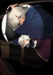  2boys antemeridian bent_over black_nails blue_eyes blush_stickers bow_(weapon) bridal_gauntlets chibi commentary_request corrin_(fire_emblem) corrin_(male)_(fire_emblem) dark-skinned_male dark_skin eyepatch fire_emblem fire_emblem_fates flipped_hair holding holding_weapon looking_at_viewer male_focus mini_person miniboy multiple_boys nail_polish niles_(fire_emblem) outline photoshop_(medium) pointy_ears red_eyes smile spotlight weapon white_hair 