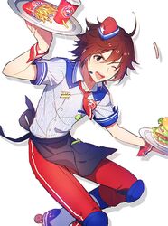  11kkr 1boy 315diner_(idolmaster) ahoge alternate_costume amagase_touma apron badge brown_hair burger cup disposable_cup drop_shadow employee_uniform food french_fries highres idolmaster idolmaster_side-m knee_pads male_focus microphone notepad one_eye_closed pants paper_hat pen pinstripe_pattern plate protected_link red_pants roller_skates simple_background skates smile solo striped uniform waist_apron white_background wrist_cuffs 