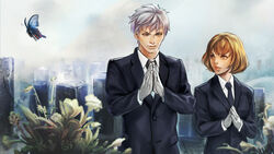  1boy brown_eyes brown_hair bug butterfly commentary_request female formal gloves graveyard lips nakama_yasukata necktie nose original own_hands_clasped own_hands_together praying short_hair silver_hair suit white_gloves 