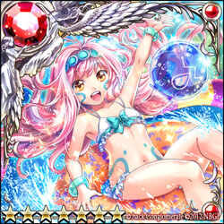  .hack// :d animal_print ball bare_legs beachball bikini blue_bow bow bow_bikini bracelet brown_eyes butterfly_print commentary_request female flatley_(guilty_dragon) frilled_bikini frills guilty_dragon hairband happy innertube jewelry kazura_enji long_hair navel open_mouth pink_hair print_object smile solo swim_ring swimsuit tattoo water white_bikini 